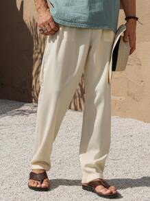 Manfinity RSRT Men's Solid Color Front Lace-Up Pocket Simple Casual Long Pants, Daily Wear - Apricot - View 3