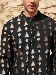 Manfinity Homme Eid Mubarak  Ramadan Men's Set Of Gold Foil Floral Print Long Sleeve Long Shirt Robe And Pants - Black - View 2