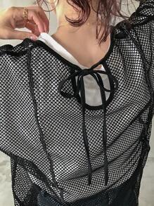 FRIFUL Camiseta holgada de mujer de malla transparente negra, top de capa para primavera/verano