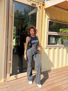 SHEIN EZwear 女式低腰紧身喇叭牛仔裤，黑色，春季女装 - 黑色 - 查看 4