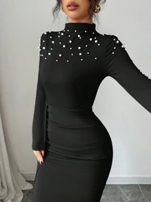 Elenzga 手工串珠褶皱开衩下摆女式连衣裙 - 黑色 - 查看 5