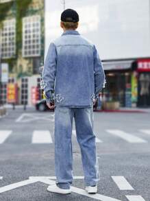 Manfinity Homme Plus Size Men's Front Button Long Sleeve Casual Jacket And Denim Pants Set, Emo Style, Fall Clothes - Blue - View 2