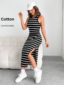 SHEIN EZwear Vestido tank de rayas de muslo con abertura - Blanco y Negro - Ver 6