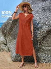 EMERY ROSE Women's Burnt Orange Notched Neck Button Detail Slit Dress For Summer - Redwood - View 6