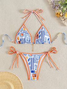 SHEIN Swim Swim Mod Women Summer Beach Holiday Random Print Ruffle Trim Top And Side Tie 2pcs Bikini Swimwear Set - Multicolor - View 1