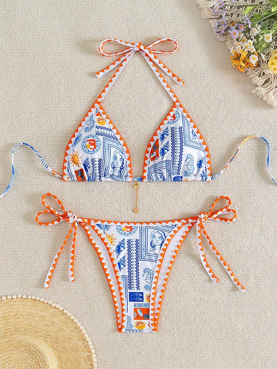 SHEIN Swim Swim Mod Women Summer Beach Holiday Random Print Ruffle Trim Top And Side Tie 2pcs Bikini Swimwear Set - Multicolor - View 1