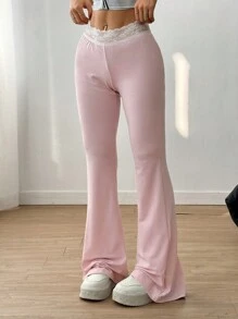 SHEIN EZwear Lace Patchwork Low Waist Flare Pants With Ballet Style
