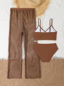 3pcs/Set Teen Girl Shell Brown Bikini Set With Cover Up Pants, Summer Beach Outfit - Coffee Brown - View 2