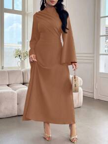 Modelyn 女士长袖纯色连衣裙，简约休闲风格，适合日常穿着 - 卡其色 - 查看 8
