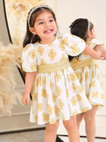 SHEIN Baby Girls' Elegant Cute Faux Gold Metallic Ribbon Decor Waist Ruffle Hem Short Sleeve Dress - White - View 3