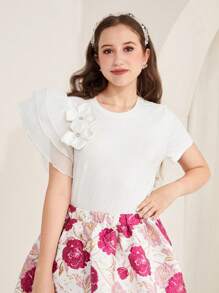 SHEIN Teen Girls' Spring/Summer White Knit Crew Neck Short Sleeve Layered Organza Ruffle Sleeve Floral Decor Elegant Blouse, Suitable For Holiday, Wedding - White - View 3