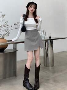 Dazy Star 女款素色休閒開衩裙，秋冬低腰校園風 - 灰色 - 查看 3