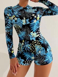 Tropical Floral Print Zip Front Long Sleeve Women's Rash Guard For Summer Beach Vacation - Black - View 3