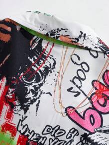 ROMWE MEN Street Life Men's Grunge Front Button Short Sleeve Printed Casual Shirt - Multicolor - View 3