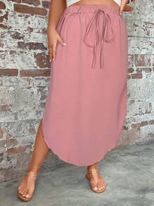 SHEIN LUNE 大码纯色不对称下摆抽绳腰部休闲半身裙 - 藕粉色 - 查看 6