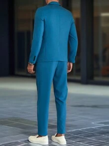 Manfinity Mode Men's Simple Notch Collar Long Sleeve Top And Pants Casual Suit Set - Multicolor - View 2