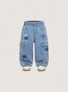 1 pièce Jeans droits à imprimé papillon avec poches utilitaires pour petites filles, style décontracté