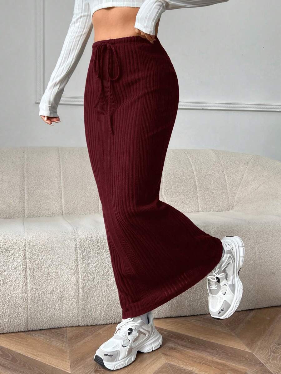 SHEIN EZwear 勃艮第女士针织紧身裙 - 酒紅色 - 查看 1