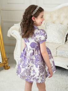 Purple Jacquard Girls Vintage Garden Elegant Ruched Collar Puff Sleeve A-Line Dress, Suitable For Summer Party & Wedding, Young Girl Formal Dress - Purple - View 2