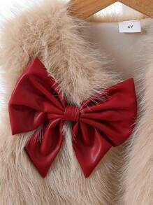 SHEIN Trang phục cho bé gái: Áo cổ lọ tay dài, áo vest lông không tay có nơ và chân váy giả da - Màu Đỏ Sâu - Xem 6