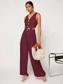 BizChic 2pcs Women Khaki Asymmetric Hem Vest Jacket & Wide Leg Work Pants Set