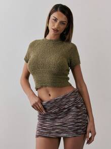 MUSERA Knit High Neck Cuffed Hem Ribbed Short Sleeve Fitted Crop Top Chic Summer - Army Green - View 1
