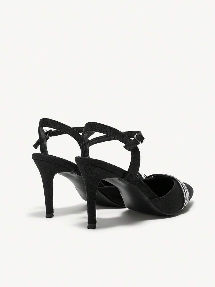 CUCCOO CHICEST Chaussures à talon aiguille haut pour femmes avec bout pointu, sangle de cheville avec chaîne de strass noire, classique vintage confortable et polyvalent, nouveaux talons hauts pour dames