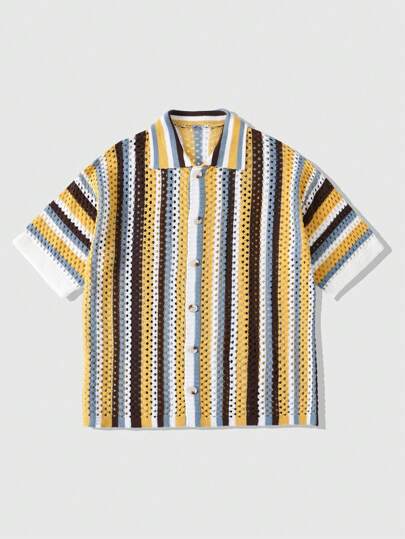 Street Life Men's Striped Jacquard Loose Knit Shirt, Streetwear And Holiday