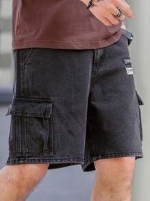 Manfinity Homme 男士休闲牛仔阔腿短裤带口袋标签装饰 - 黑色 - 查看 3