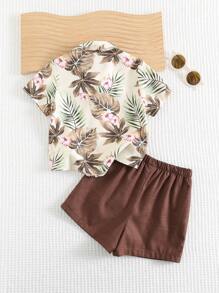 Cozy Pixies 2pcs/Set Baby Boy Plant Pattern Lapel Short Sleeve Cardigan With Elastic Waist Shorts - Brown - View 2