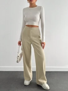 EURMUSE Women's Solid Color High Waist Straight Loose Casual Pants - Beige - View 5