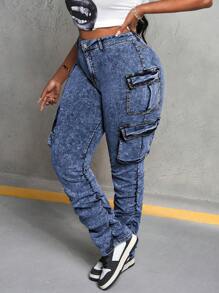 Slaydiva Plus Size Sexy Skinny Elastic Flared Jeans - Black - Medium Wash - View 5