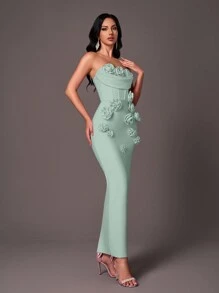 Vowa 优雅粉色露肩褶饰正式美人鱼礼服，带 3D 花卉图案 - 淺藍色 - 查看 4