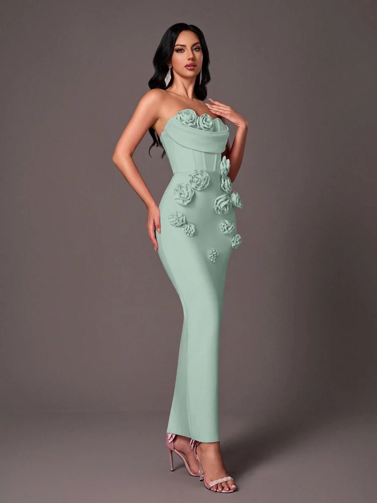 Vowa 优雅粉色露肩褶饰正式美人鱼礼服，带 3D 花卉图案 - 淺藍色 - 查看 4