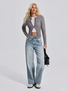 EURMUSE HIGH RISE STRAIGHT Y2K STREET STYLE BELTED JEAN - Light Grey - View 5