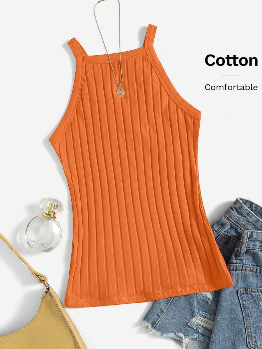 SHEIN EZwear Rib-knit Cami Top - Orange - View 1