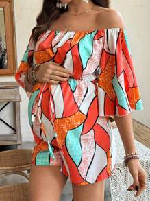 SHEIN Maternity Off Shoulder Ruffled Sleeve Casual Romper, Vacation