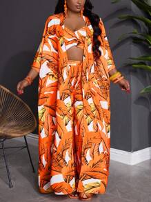 SHEIN CURVE+ Plus Size 3 Pieces Set Women's Loose Tropical Plant Pattern Beach Vacation Outfit - Orange - View 7