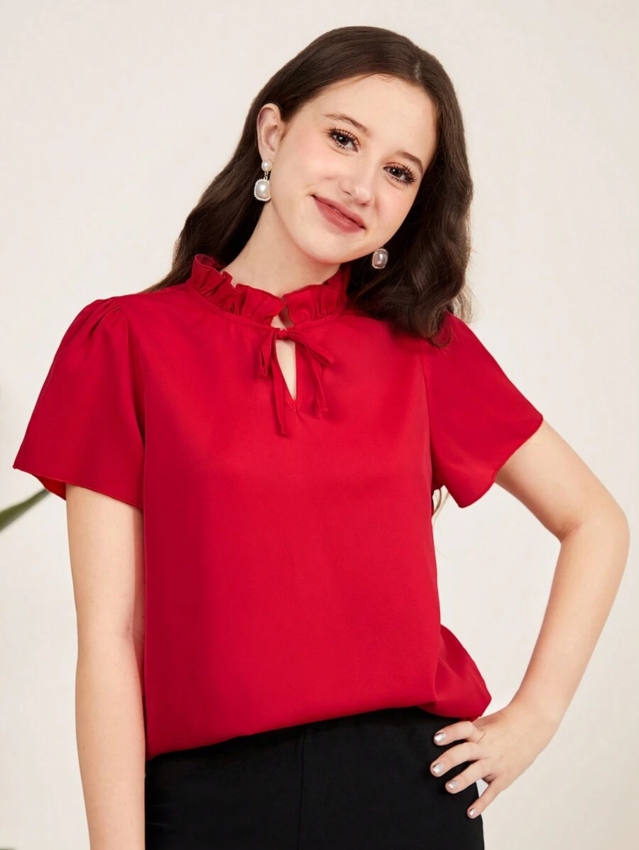 SHEIN Leap Crew Teen Girl's Red Bow Collar Hollow-Out Ruffle Trim Body-Con Short Sleeve Blouse - Red - View 1