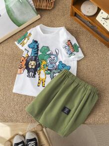 SHEIN 2pcs Young Boys Cute Casual Comfy Crayon Animal Print Crew Neck Short Sleeve T-Shirt And Shorts Set, Suitable For Kids/Toddler Outfits, Back To School, Birthday Parties, Weddings, Daily Wear, Travel, Sports, Spring/Summer - White - View 5