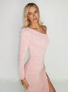 SHEIN ICON Conjunto de primavera con suéter de manga larga con cuello asimétrico ajustado y vestido largo rosa para mujer, atuendo de uso diario