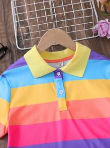 SHEIN 青少年女孩拼色条纹休闲马球领短袖针织连衣裙 - 金色 - 查看 4