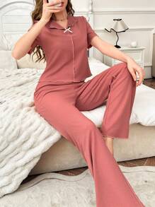 女士休闲针织星形罗纹提花领短袖上衣和长裤睡衣套装 - 藕粉色 - 查看 6