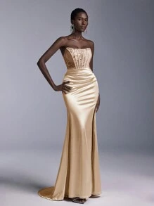 Elitara Women's Lace Patchwork Fish Bone Stitching Fish Tail Slit Formal Evening Gown,Elegant Prom Dress For Wedding Guest,Graduation,Dinner,Party Dress - Champagne - View 5