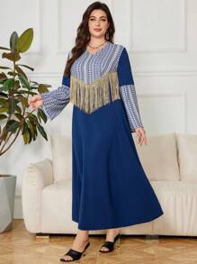 Lacomfia 大码女式优雅 V 领数码印花流苏宽松连衣裙，阿拉伯风格