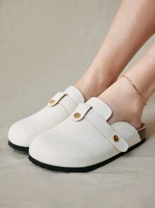 Solecia Women Plain Color Metal Decor Casual Flat Shoes, Everyday Wear Women's Suede Cork Footbed Arch Support Clogs Soft Mules Comfort Adjustable Buckle Slip On Spring Shoes Spring Break Easter - White - View 6