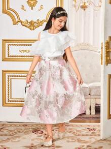 SHEIN Leap Crew Tween 女童欧根纱花朵提花褶皱腰荷叶边下摆裙，锦缎提花设计裙，适合花园茶会、春季郊游和度假 - 彩色 - 查看 7