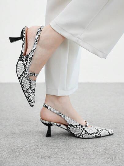 CUCCOO BIZCHIC Women's Spring/Summer New Strap Buckle Hollow Pointed Stiletto Mid Heel Commuting Practical Black & White Snake Print PU Leather Pumps Spring Shoes Spring Break Easter For Christmas Spring Shoes
