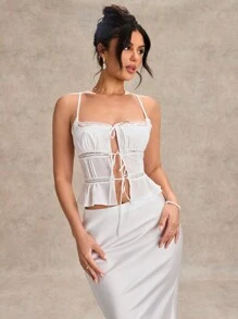 SHEIN BAE Conjunto de 2 peças feminino, sólido, branco, imitação de linho, renda, patchwork, camisola, amarração, saia sereia super longa e justa, traje para o dia dos namorados, conjunto de 2 peças para festa, conjunto de 2 peças para encontro romântico, conjunto de 2 peças para minivestido de madrinha, conjunto de 2 peças para vestido de baile, conjunto de 2 peças para deslocamento diário, conjunto de 2 peças de renda branca, conjunto de 2 peças para minivestido de aniversário - Branco - Ver 3