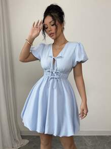 Rafferiza Elegant French Fashion V-Neck Tie-Up Balloon Sleeve Solid Color Midi Dress For Women